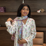 Arabian Garden Printed V Neck Jalabia with Shella in Off-White