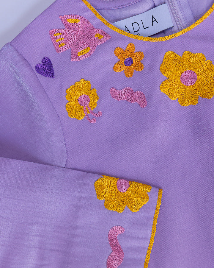 Birds Embroidery Jalabia in Shiny Purple