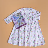 Arabian Garden Printed V Neck Jalabia with Shella in Off-White