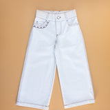 Wide Leg White Jeans with Embroidery