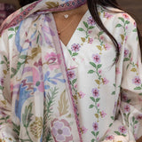 Arabian Garden Printed V Neck Jalabia with Shella in Off-White