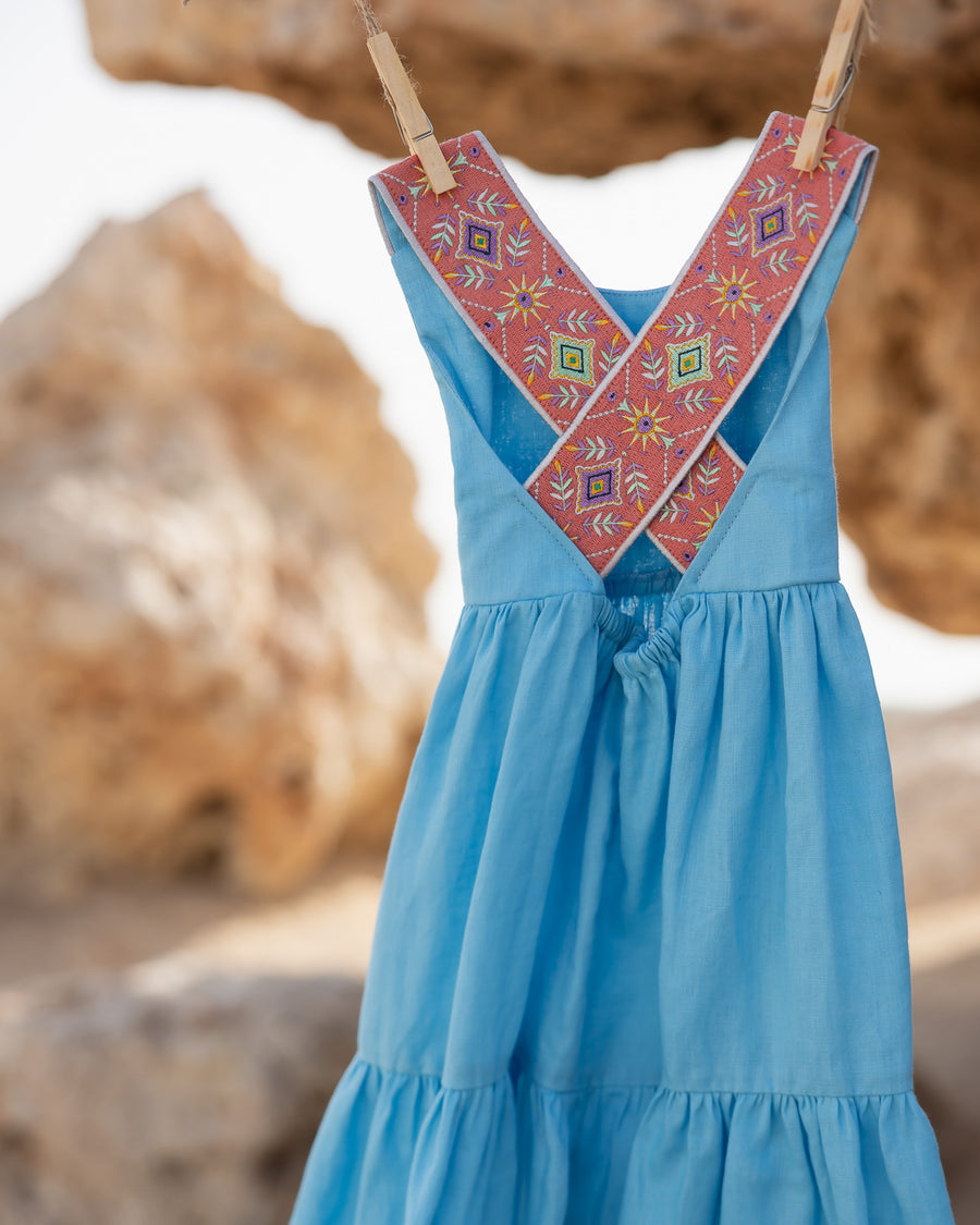 Linen Cross Back Strap Dress with Embroidery